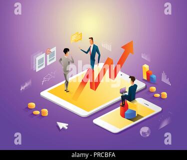 Isometric modern businessman work with gadgets, virtual screen management, work with analytics, report ,graphs and diagrams Stock Vector