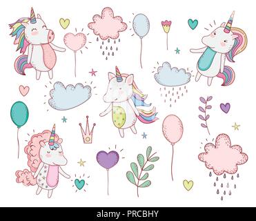 unicorns trendy with clouds and plants leaves Stock Vector
