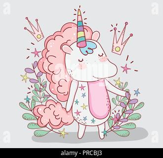 unicorn animal with crown and plants leaves Stock Vector