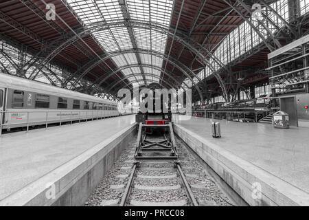 Leipzig, Germany - September 19, 2018: View of a historic steam locomotive at Leipzig Central Station, Germany. Stock Photo