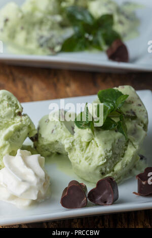 closeup of peppermint ice cream on plates Stock Photo