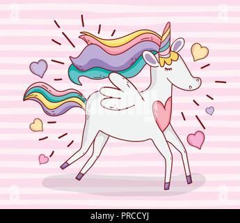 cute unicorn running with hearts and hairstyle Stock Vector