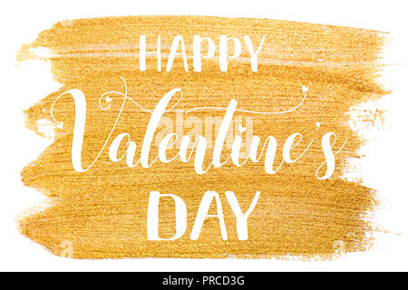 Golden watercolor stroke on white. Bright luxury background with quote Happy Valentine's day Stock Photo