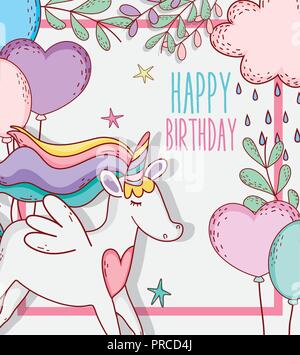 ute unicorn with heart balloon and plants Stock Vector