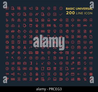 Basic Universal Line icon set	in red on black background Stock Vector