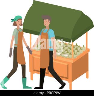 couple in store kiosk with vegetables avatar character Stock Vector