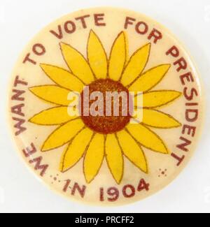 Yellow, brown, and cream suffrage pin, with a Kansas sunflower at its center, and the text 'We Want to Vote for President in 1904' manufactured for the American market, by the National American Woman Suffrage Association, 1904. Photography by Emilia van Beugen. () Stock Photo