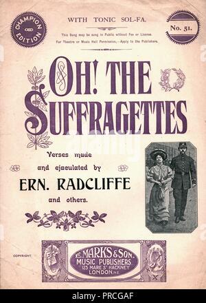 Sheet music cover for Ernest Radcliffe's music hall song,'Oh! The Suffragettes,' celebrating the police break-up of suffrage demonstrations, with purple and black text on a white background, and an image of a woman being led away by a policeman, published in London, for the British market, 1900. () Stock Photo