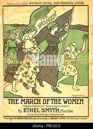 Sheet music cover for the English Women's Social and Political Union's official song,'The March of the Women,' composed by Ethel Smyth, with a green, purple, and white image of women and girls, including a young mother holding a baby in the foreground, and a woman holding a banner with the text 'Votes for Women,' published in London, for the British market, 1910. ()
