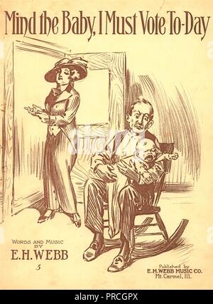 Sheet music cover for EH Webb's anti-suffrage song 'Mind the Baby, I Must Vote To-Day,' with brown text, on a cream background, and an image of a man, unhappily sitting in a rocking chair and holding a crying baby, while his wife (dressed in a masculine Victorian outfit) pulls on her gloves in preparation to leave the house, published in Mt Carmel, Illinois, by EH Webb Music Company, for the American market, 1914. () Stock Photo