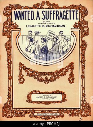 Sheet music cover for Louette B Richardson's 'Wanted, A Suffragette,' with an illustration of men peering over a fence at female suffragists who are demonstrating with signs, one with the text 'Votes For Women,' published in Greenfield, Massachusetts, by Louette B Richardson, for the American market, 1900. () Stock Photo