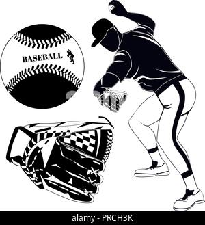 Black baseball pitcher, glove and ball vector illustration Stock Vector