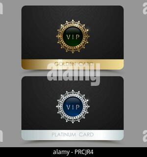 Vector golden and platinum VIP card template. Crown round frame with gem on a black geometric pattern background. Jewel label design plastic card Stock Vector