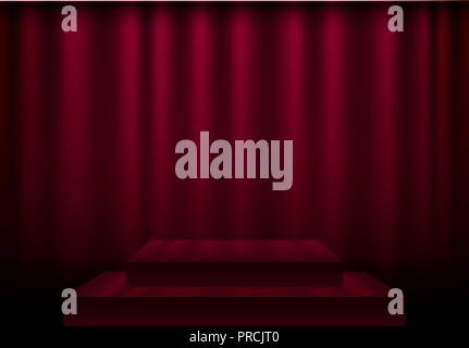 Vector red curtain stage scene with spotlights and wooden floor Stock Vector