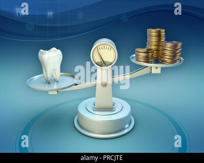 Some coins and a tooth on a scale. 3D illustration. Stock Photo