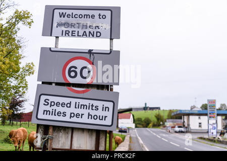 Sign at the Irish border between Northern Ireland and the Republic of Ireland informing motorists that speed limits are now in miles per hour. Stock Photo