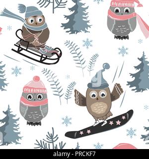 Vector seamless pattern with cute sport owls and fir trees. Christmass background for textile prints, wrapping paper, and greeting cards Stock Vector