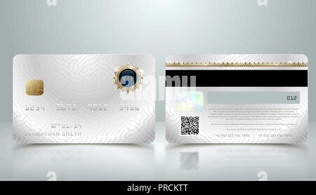 Vector realistic silver credit card with abstract geometric background. Golden element credit card metallic design template. Bank presentation Stock Vector