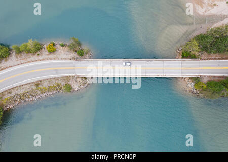 Aerial view of a road bridge over a lake in Washington State, US