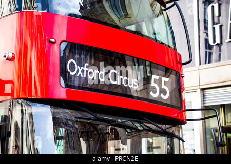 Close up of the front of a red double decker bus number 55 to Oxford Circus, London, UK Stock Photo