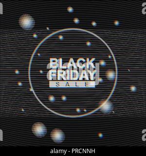 Vector Black Friday Sale banner on Analog TV Glitch moire background. No signal noise, dark abstract texture. Interference in air. Round frame Stock Vector
