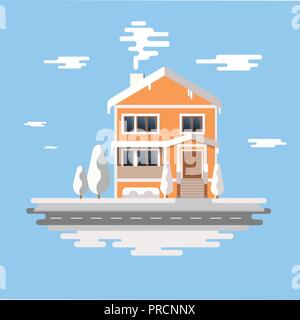 Winter house . Vector image of the orange brick christmas houses covered with snow.  background  cartoon .  time. Stock Vector