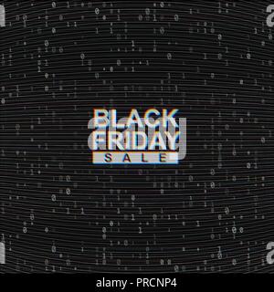 Vector Black Friday Sale web banner on binary code dark background. Online web shopping data concept. Computer numbers 1,0. Analog TV Glitch moire Stock Vector