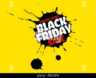 Black Friday Sale grunge poster. Red special offer text banner with grunge black ink drops isolated on bright yellow background. Vector illustration Stock Vector