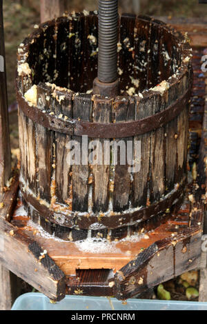 Cider press, the old traditional way of making apple cider Stock Photo