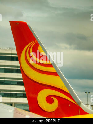 SEATTLE, WA - JUNE 2019: Tail fin of a Hainan Airlines Boeing 787 Dreamliner at Seattle Tacoma airport.
