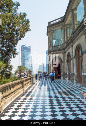 Hallway of the Chapultepec Castle, tall building in the back. Mexico City. Stock Photo