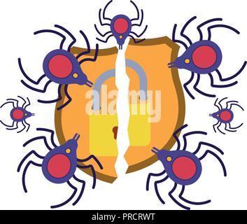 broken shield with padlock isolated icons Stock Vector