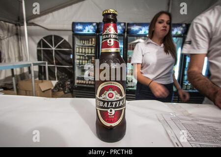 BELGRADE, SERBIA - AUGUST 19, 2018:  Baltika 9 logo on on a beer bottle. Baltika 9 is a strong lager, export style, brewed in Russia, and one of the s Stock Photo