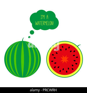 Ripe Watermelon Whole and Half Cut. Thought or Think Bubble. Flat Style Illustration Isolated on White. Fresh Fruits Set. Stock Photo