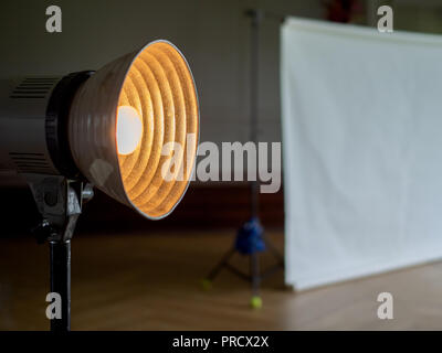 Studio light and white backdrop setup. Stock Photo