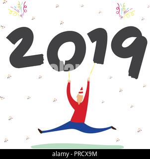 Vector of Man dancing and holding 2019 happy new year balloon with party colorful on white background, Doodle style Holiday decoration greeting card. Stock Vector