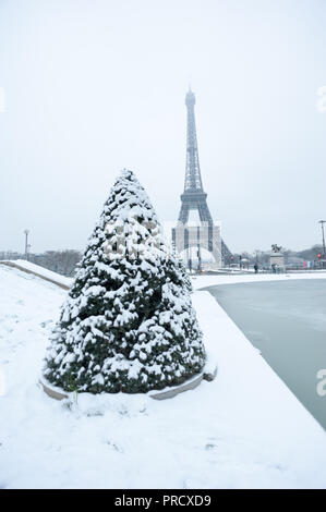 Eiffel tower under the snow in winter behind pine trees from the Trocadero basin in Paris, France Stock Photo