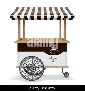 Realistic street food cart with wheels. Mobile coffee market stall template. Hot coffee kiosk store mockup isolated. Vector illustration Stock Vector