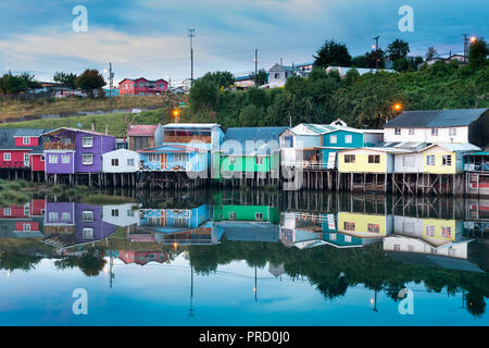 Castro, Chiloe Island, Chile - Palafitos Pedro Montt, traditional stilts houses of the island. Stock Photo