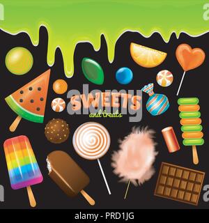 Set of Sweet candies Halloween. decorated elements. Traditional october holiday. Vector colorful Swirl caramel lollipop chocolate sugar clouds for children. 3d game background. Stock Vector