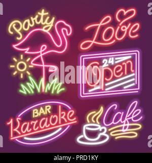 Set of fashion neon sign. Night bright signboard, Glowing light banner. Summer logo, emblem. Club or bar on dark background. Editable vector. Pink Coffee Hello Love Open Karaoke Music Flamingo Party Stock Vector