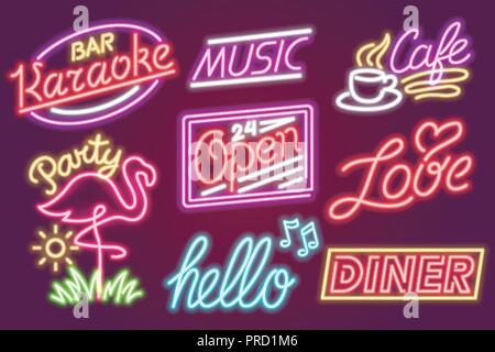 Set of fashion neon sign. Night bright signboard, Glowing light banner. Summer logo, emblem. Club or bar on dark background. Editable vector. Pink Coffee Hello Love Open Karaoke Music Flamingo Party Stock Vector