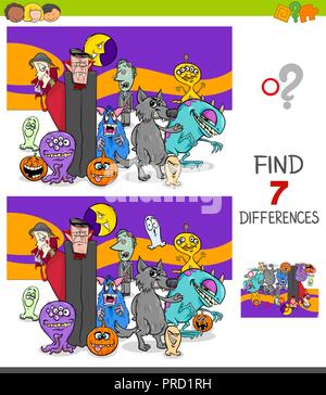 Cartoon Illustration of Finding Seven Differences Between Pictures Educational Game for Children with Scary Halloween Characters Stock Vector