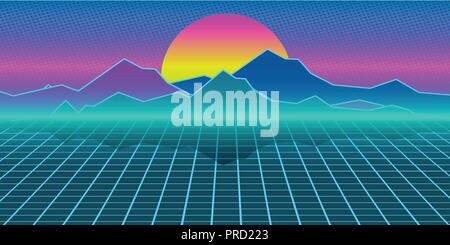 Cyberpunk retro computer background. Mountains, plain and sun Stock Vector