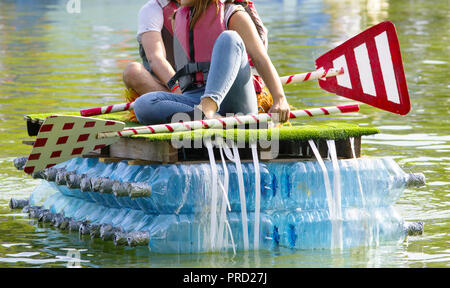 recycling contest rafts made up with recycled plastic bottles Stock Photo