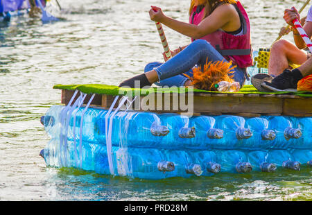 recycling contest rafts made up with recycled plastic bottles Stock Photo