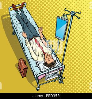 Dependency on gadgets concept. Man under medical dropper Stock Vector