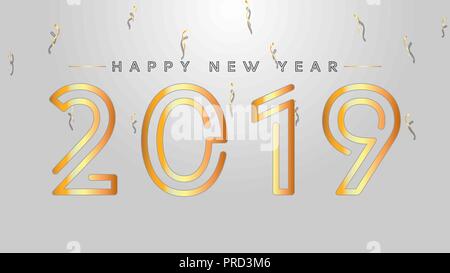 2019 Happy New Year Background with Golden Text and Confetti. Gold and Black Colors. Stock Vector