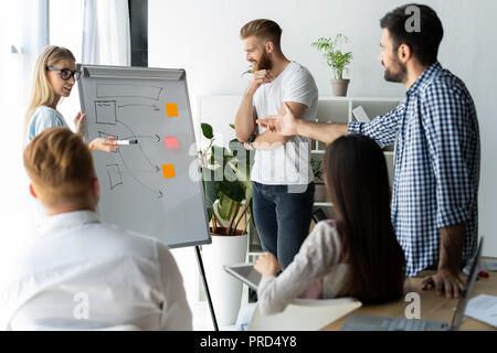 Developing new strategy. Two young colleagues conducting presentation while working with their business team in the office. Stock Photo