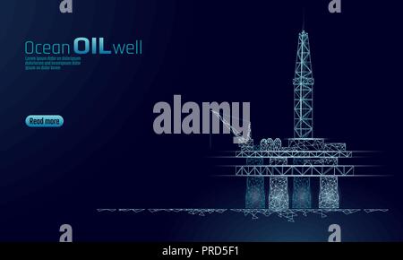 Ocean oil gas drilling rig low poly business concept. Finance economy polygonal petrol production. Petroleum fuel industry offshore extraction derricks line connection dots blue vector illustration Stock Vector